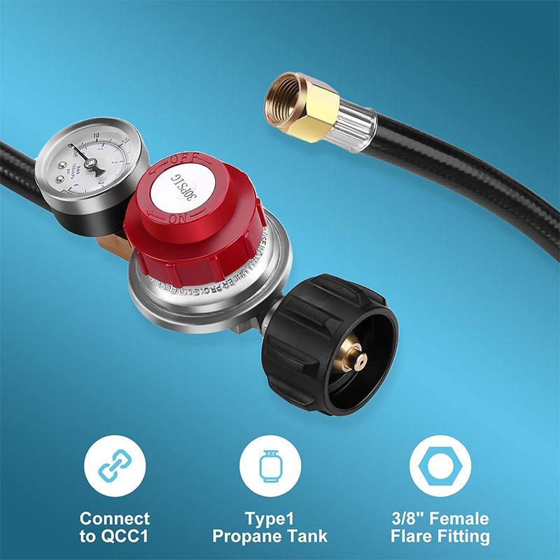 4 FT 0-30 PSI Adjustable High Pressure Propane Regulator with Hose and PSI Gauge, LP Gas Grill Regulator Hose with 1/8 MNPT Pipe Fitting for Grill, Burner, Fryer, Cooker, firepit and More, Lpg Hose