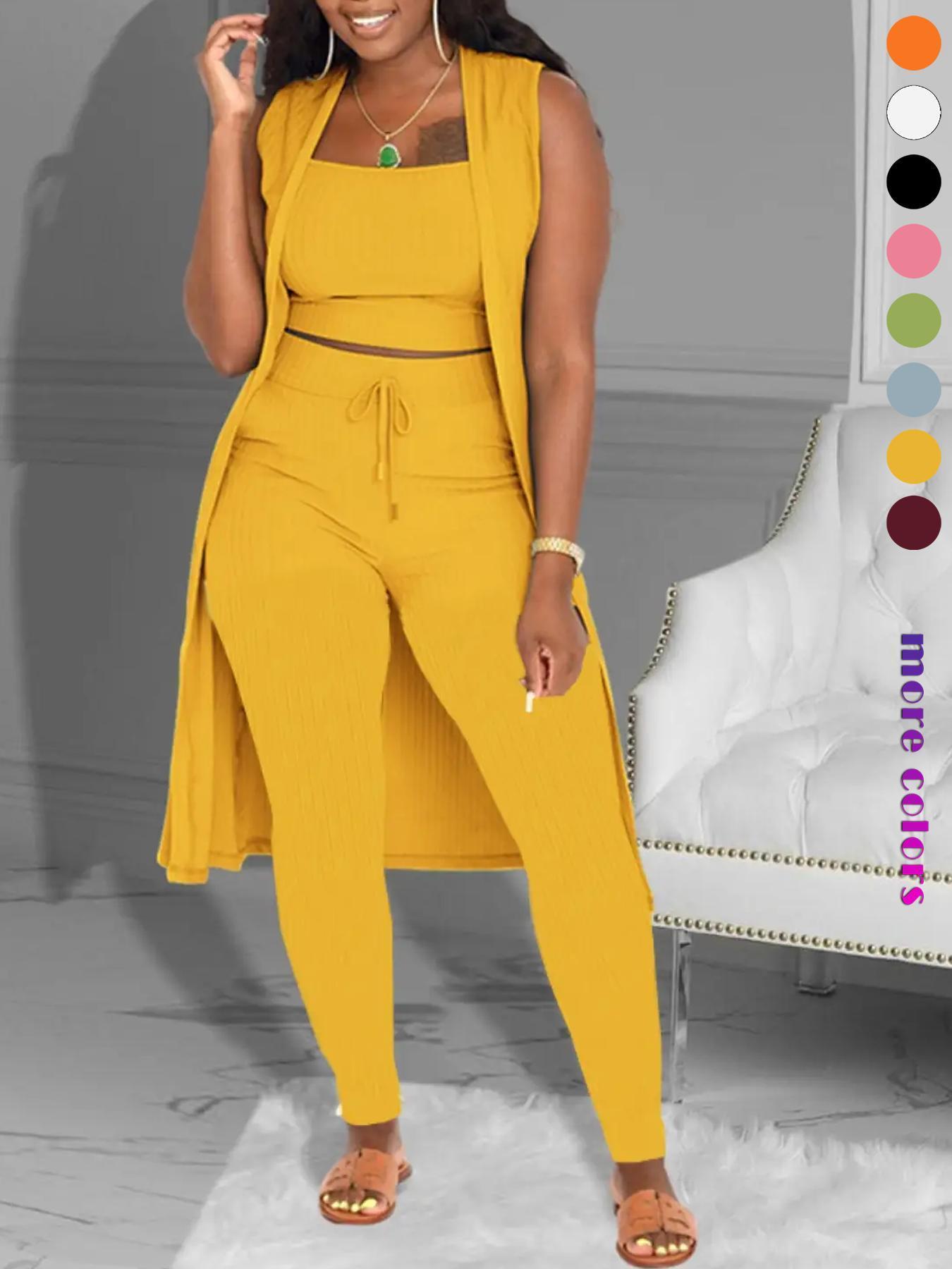 Three-Piece Set Women's Solid Crop Tank Top & Tie Front Pants & Open Front Outerwear Set Suits, Casual Cropped Top & High Waist Trousers & Outerwear, Ladies Clothes for Daily Wear