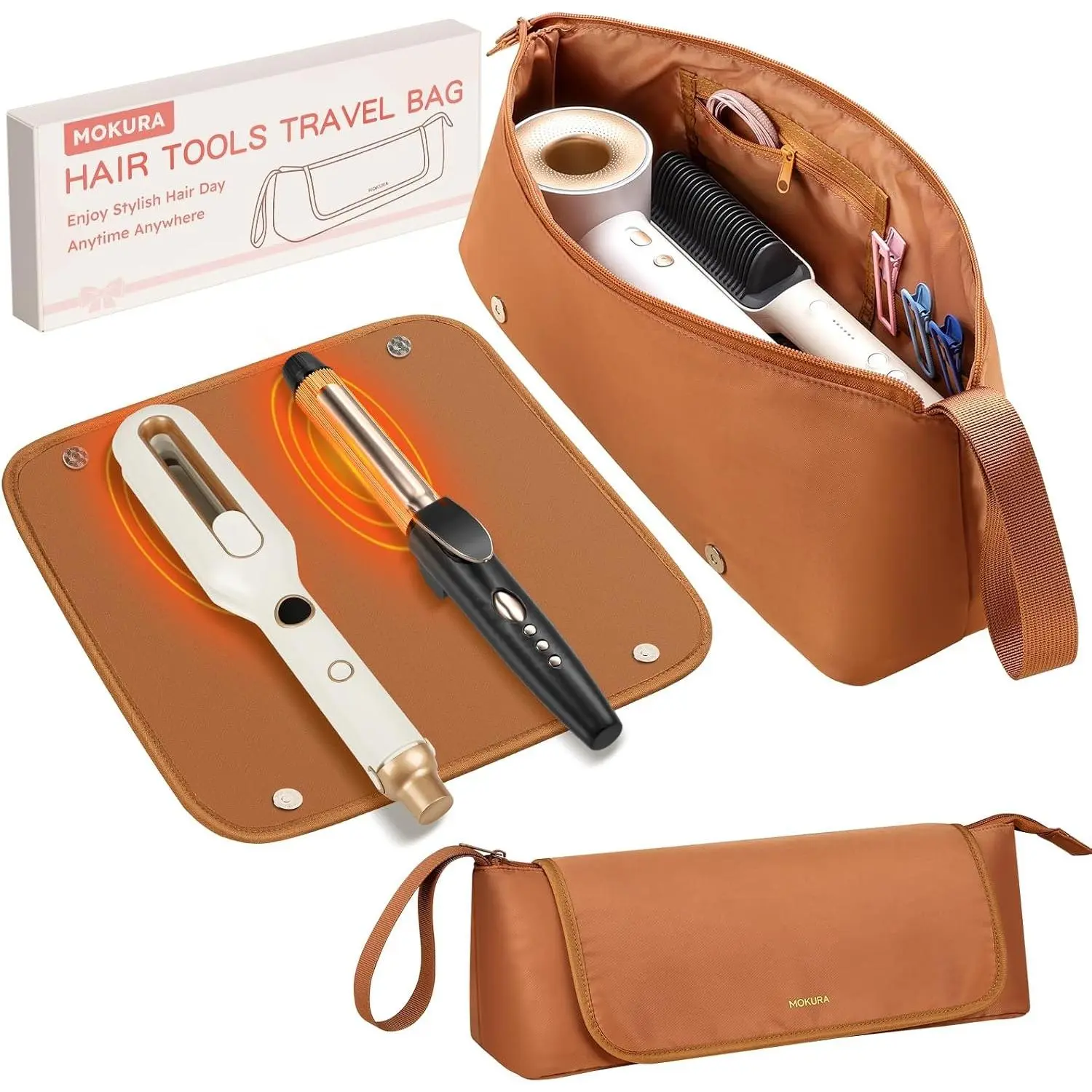 Hair Tools Travel Bag with Heat Resistant Mat Removable, Hot Hair Accessories Organizer Case, Women Travel Essentials, Storage Pouch for Curling Iron Straightener Flat Iron Hair Dryer, BrownGift