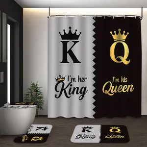 LVRLVR 4Pcs King Queen Crown Couple Print Black Gold Tone Shower Curtain Set 70.8×70.8 Inch Bath Curtains Shower