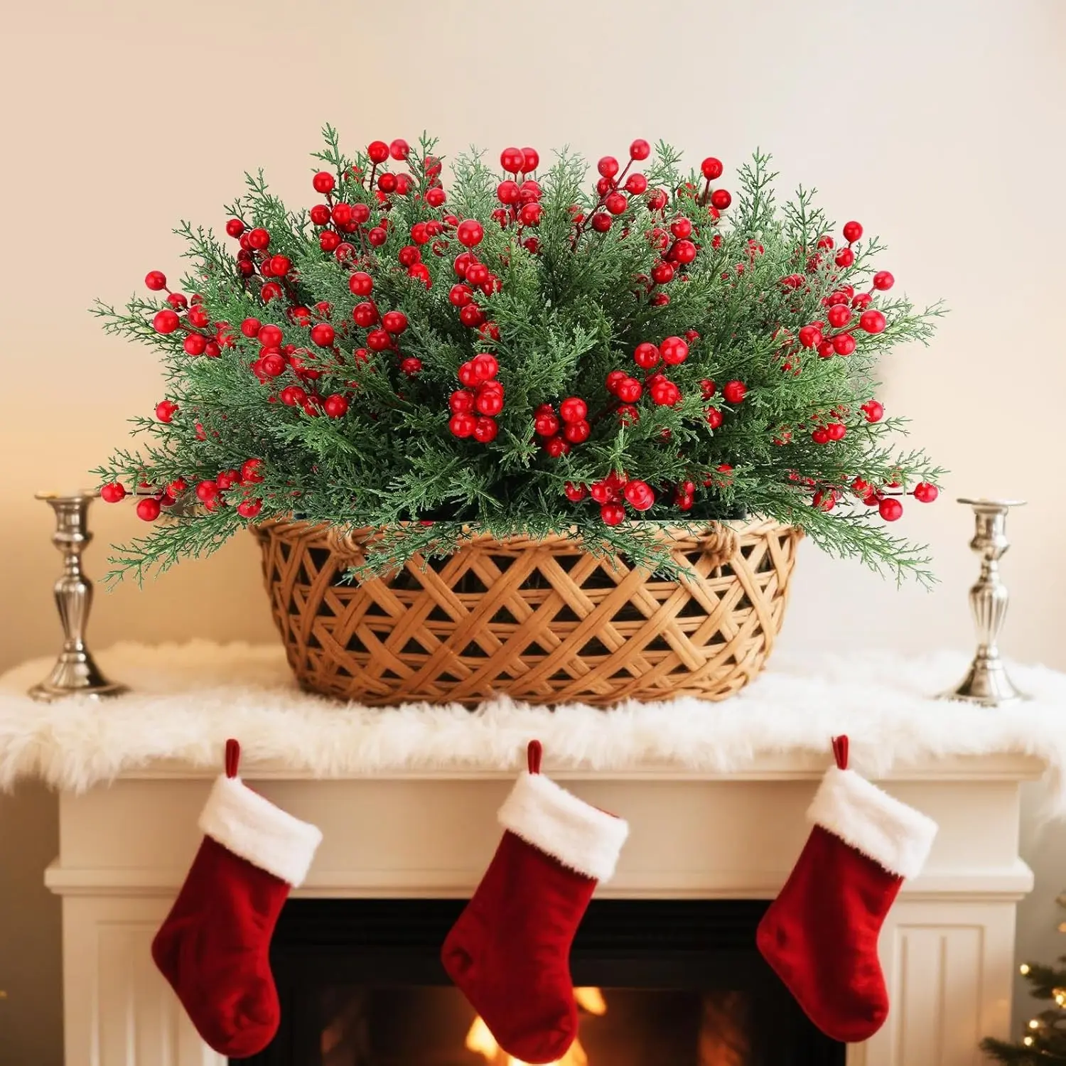 4Pack 15inch Christmas Norfolk Pine Stems, Artificial Greenery Stems with Red Berries, Bendable Realistic Cedar Branches Berry Picks for Vase Centerpieces DIY Wreath Garland Fireplace Holiday Home Decor
