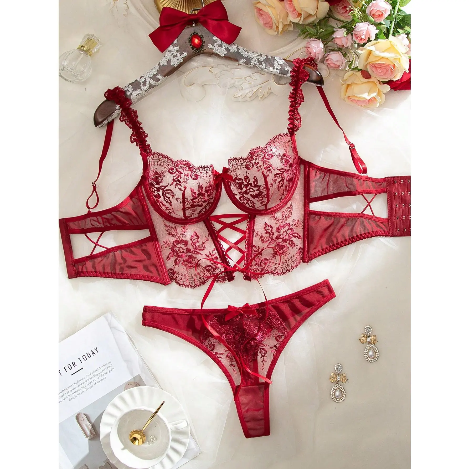 2pcs Women's Classic Royal Red Floral Embroidery Mesh Bow Decor Lingerie Set Red Lace Lingerie Set Bride Underwear Set Lace Lingerie