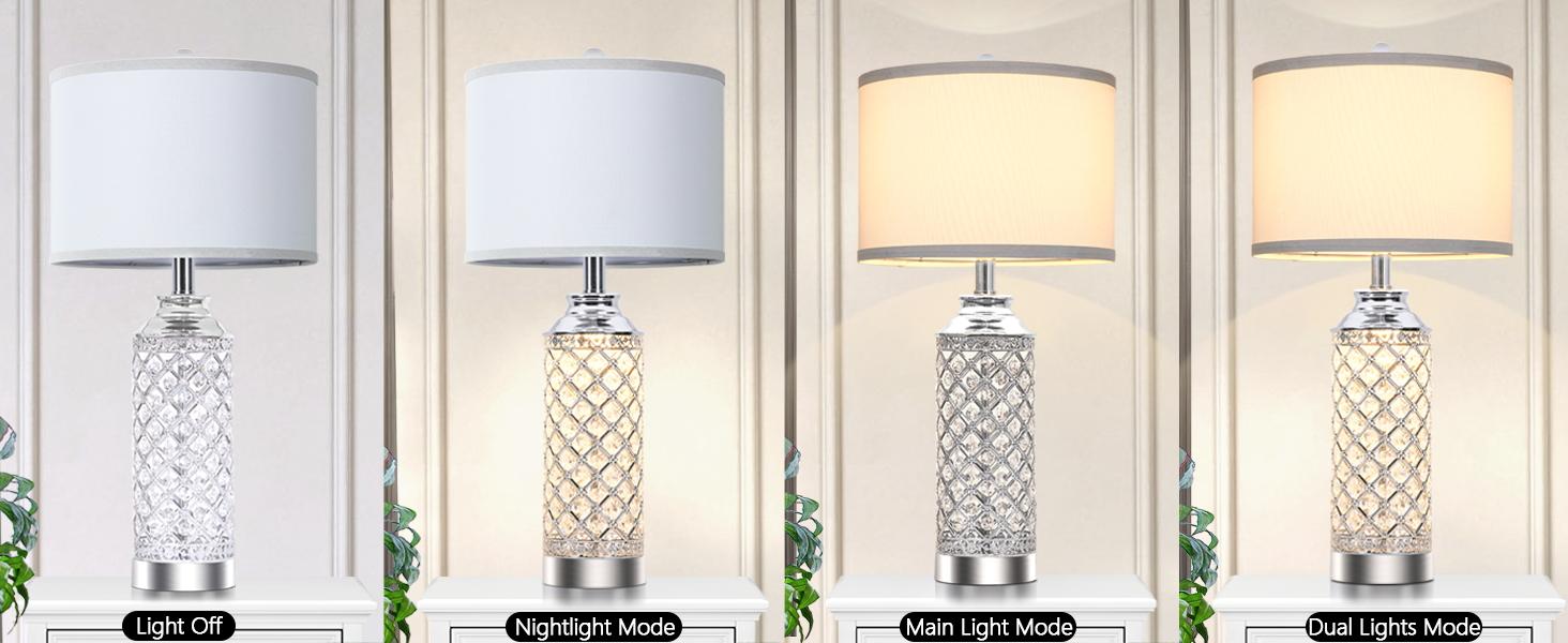 Table Lamps Set of 2 with LED Night Light, Nightstand Lamps with USB A+C Charging Ports, 24 inch Silver Crystal Bedside Lamps for Livingroom, Office, Study Room, Guest Room