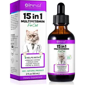 15 in 1 Cat Multivitamin Liquid Drops, Cat Vitamins & Supplements with Glucosamine and Probiotics, Support Bones Joint Skin & Coat Bladder Immune System, 60ML