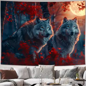 Wolf & Red Flora Moonlight Tapestry - Polyester Woven Wall Hanging, Animal Theme, Non-Electric Decorative Art for Living Room, Bedroom, Office - Includes Installation Kit