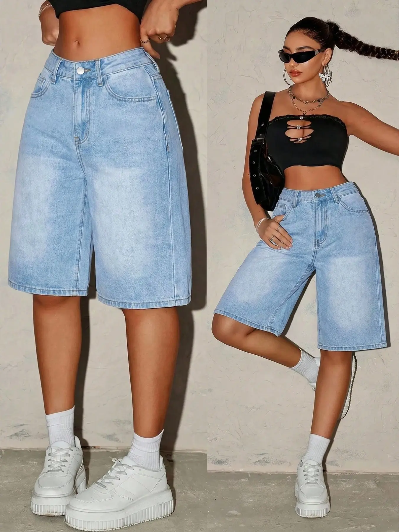 Y2K Style High-Waisted Loose Fit Bermuda Five-Quarter Jeans Shorts