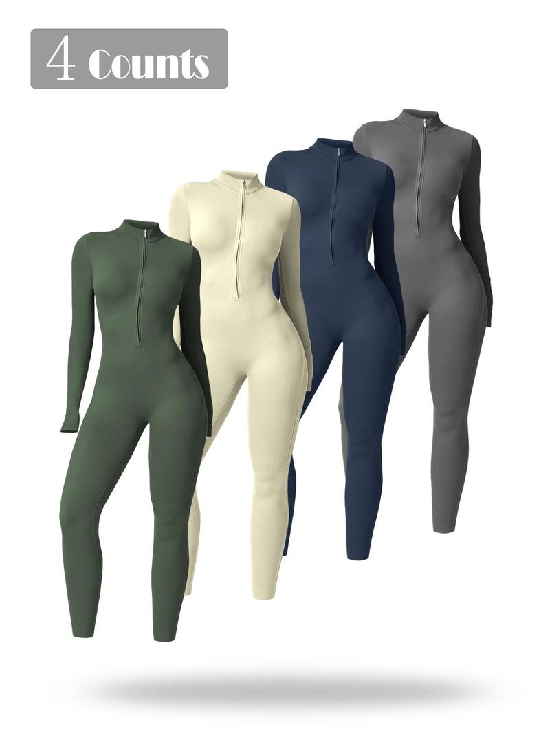 Women's Half-Zip Mock Neck, Comfy Breathable Long Sleeve One-Piece For Gym, Workout Jumpsuits, Stretchable Activewear