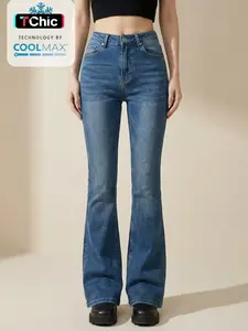 Women's Plain Button Style High Waist Flare Leg Stretchy Fit Medium Flared Jeans, Casual Fashion Bell Bottom Denim Pants for Daily Outdoor Wear, Women Bottoms for Fall & Winter