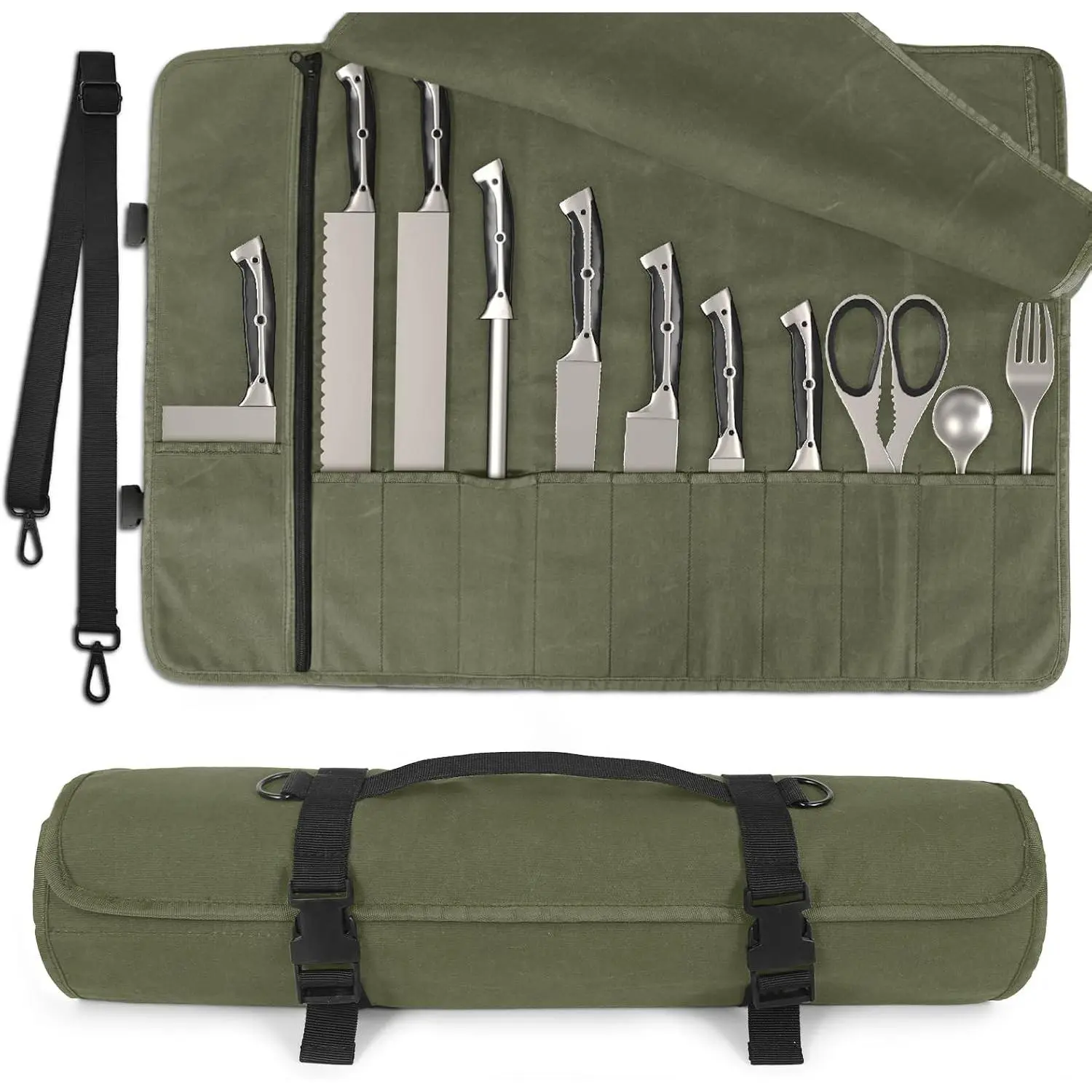 Chef Knife Roll Bag,Waterproof Waxed Canvas Knife Case Holds,Knives Roll Bags for Chefs Professional with Adjustable Strap,Chef Backpack with 11 Knife Slots and a Large Zippered Pocket