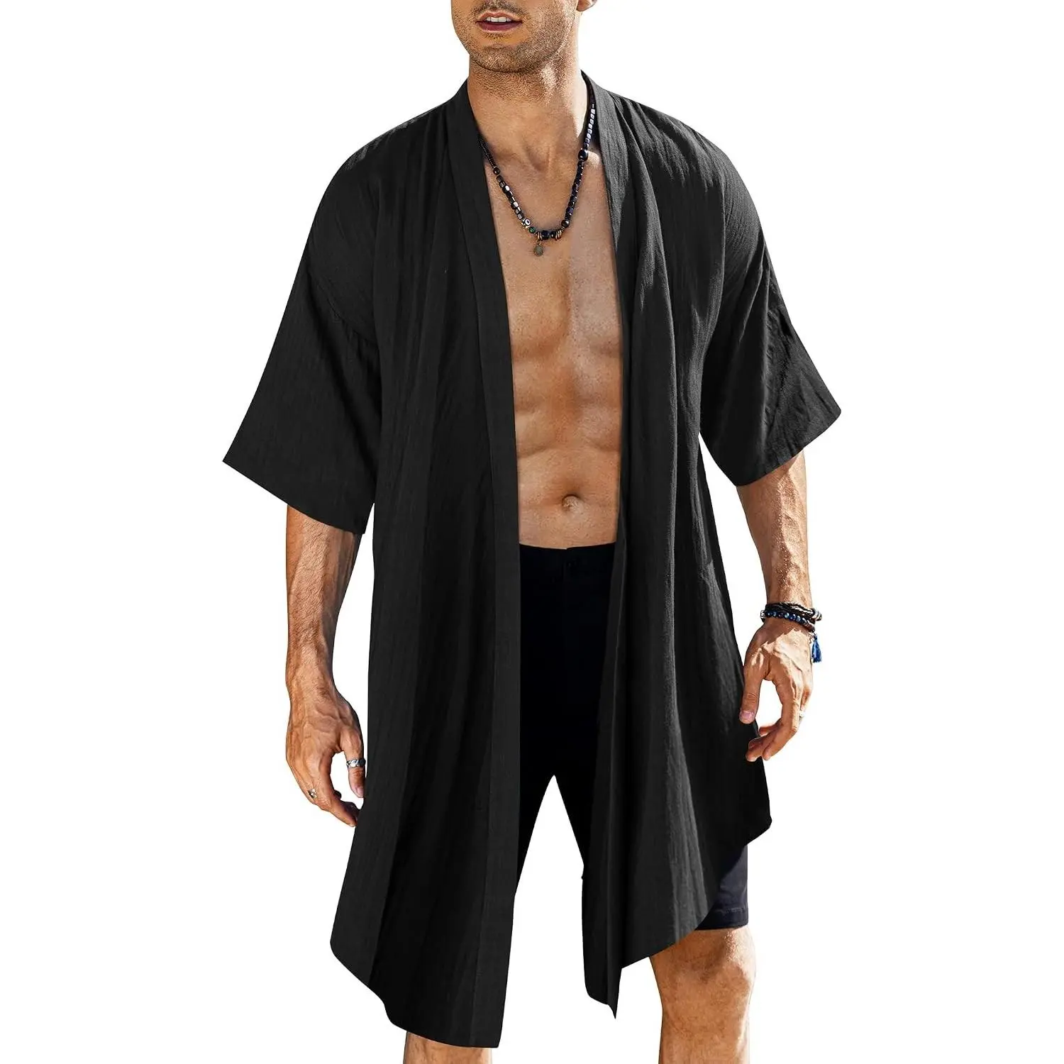 Men's Long Shawl Collar Linen Cardigan Lightweight Kimono Robe | Open Front Drape Cape Kaftan, Summer Beach Pool Cover Up, Burning Man Rave Festival Outfits, Cardigan Jackets