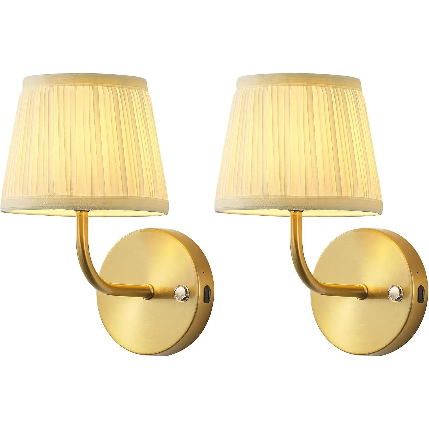 2-Pack Gold LED Cordless Wall Sconces (9.6in Small), 5200mAh Rechargeable Battery-Operated Fabric Wall Lamps with Remote Control, Backplate, Charging Cable & Batteries for Living Room, Stairs, Bedroom