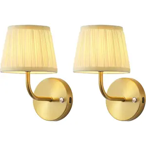LED Cordless Gold H9.6 inch Small Wall Sconces Set of 2, Rechargeable 5200mAh Battery Operated Fabric Wall Lamp with Remote, Lighting for Living Room, Bedroom, Hallway, Bathroom, Stairs, Kitchen
