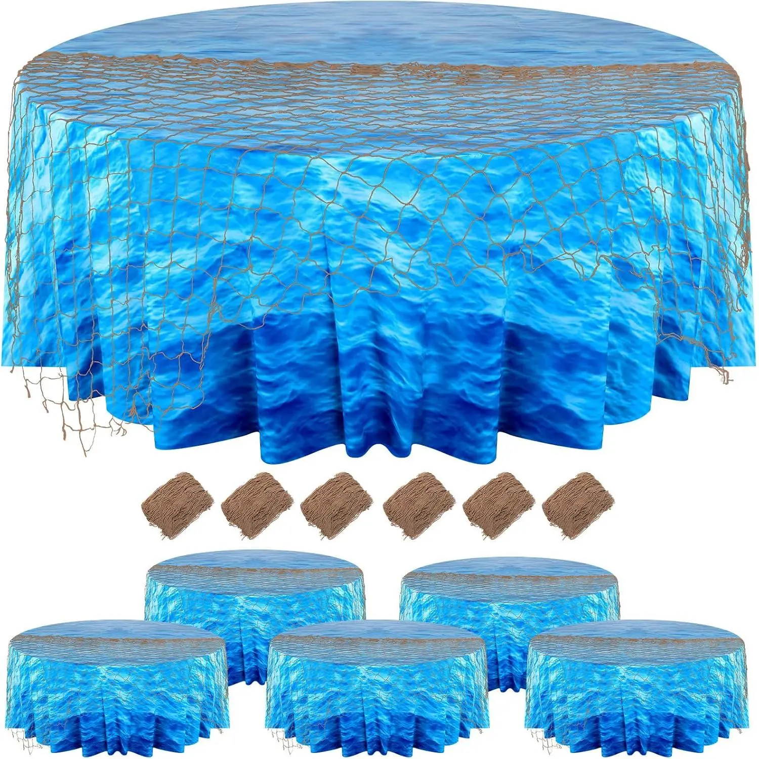 Oudain 12-Pc 84in Waterproof Plastic Round Ocean Wave Tablecloth with Cotton Blend Accent, Fish Net Decor, Hawaiian Backdrop for Mermaid Baby Shower Decor, Birthday Party (Blue)