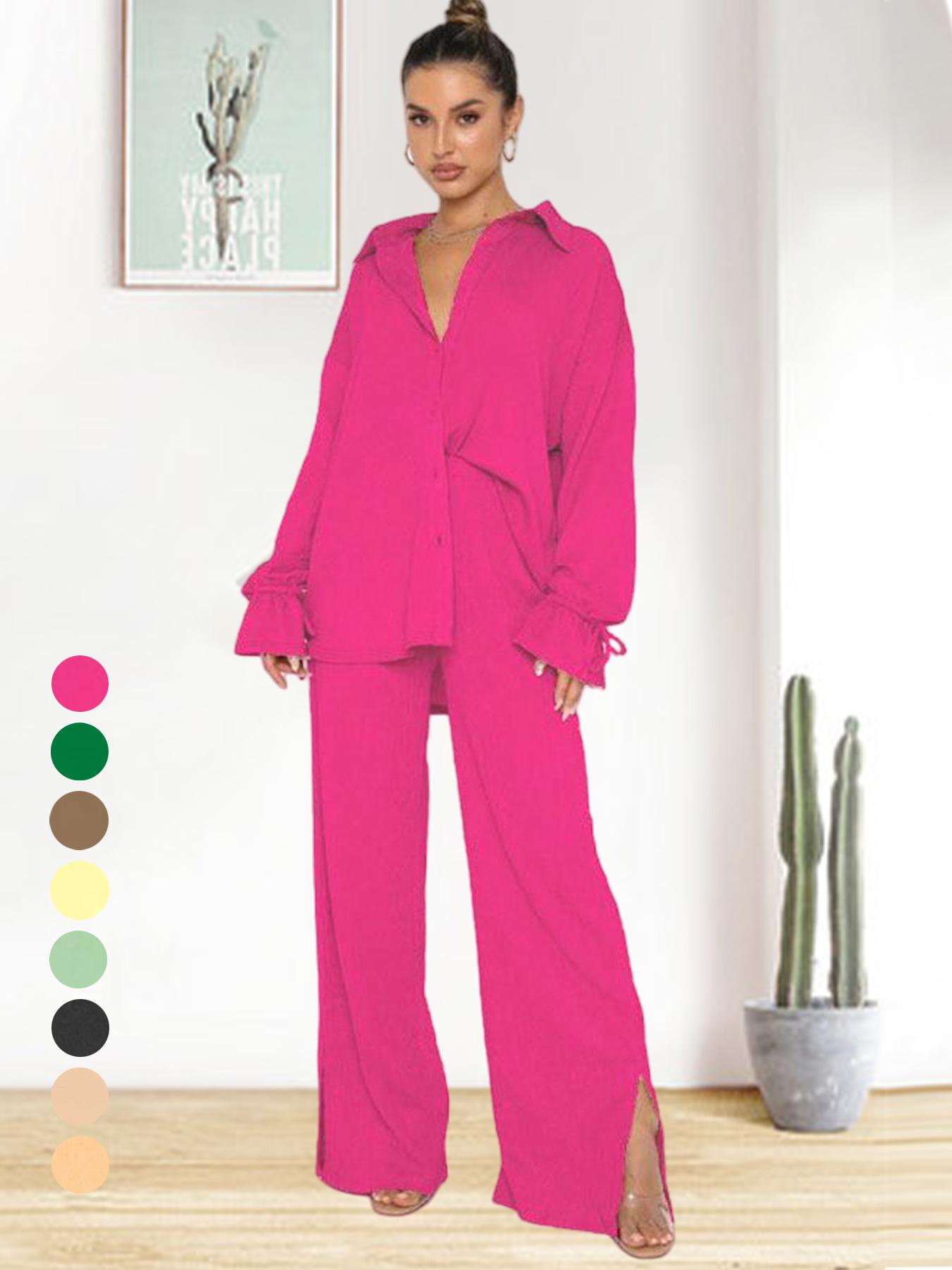 Women's Solid Color Button-Up Shirt with Split Pants Set, Casual Ruffle Sleeve Top and High Waist Wide Leg Trousers for Spring Summer Style