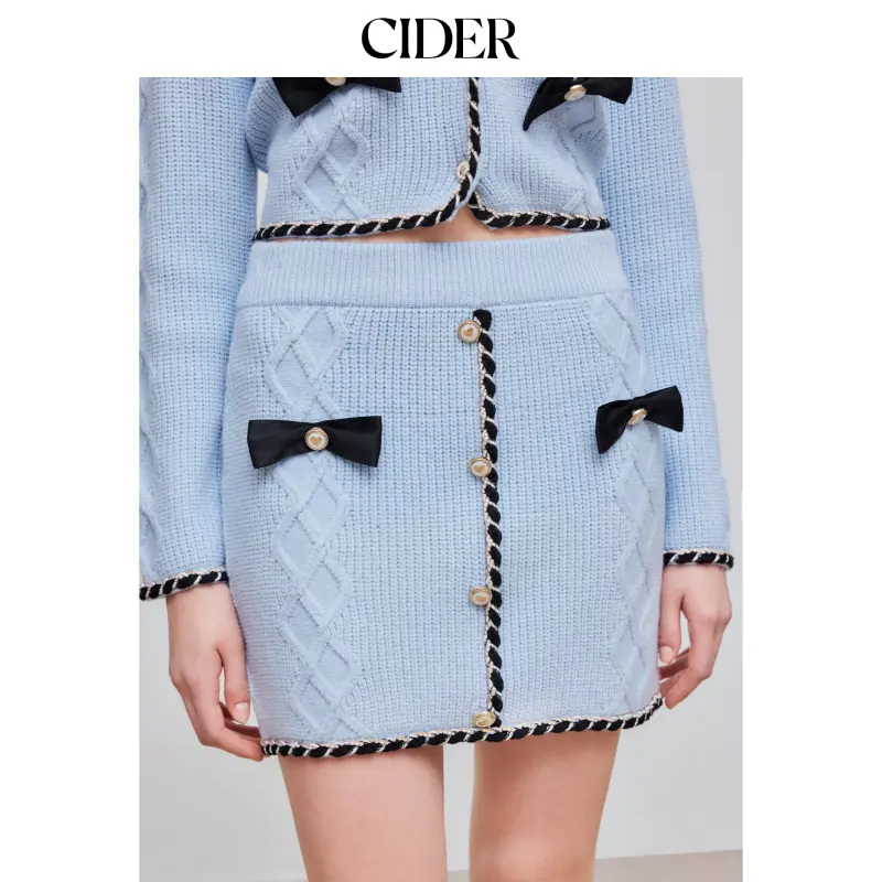 Cider [size 2-10] Knit Mid Rise Contrasting Binding Bowknot Mini Skirt