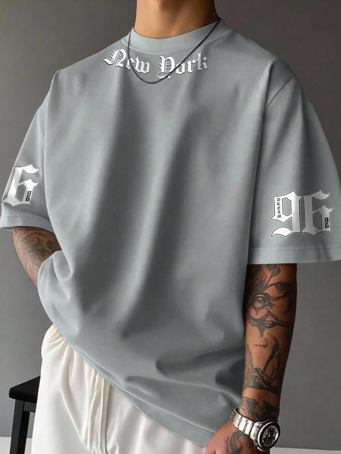 Men's Stylish Casual Round Neck T-Shirt with English Print, Breathable Polyester Fabric, Comfortable Fitted Design for Everyday Wear, Casual Style Tee