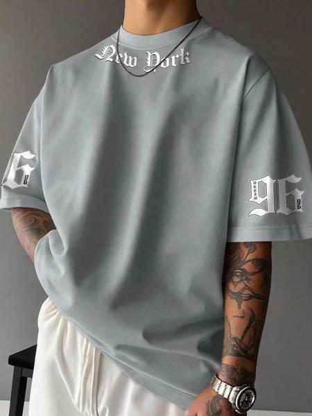 Men's Stylish Casual Round Neck T-Shirt with English Print, Breathable Polyester Fabric, Comfortable Fitted Design for Everyday Wear, Casual Style Tee