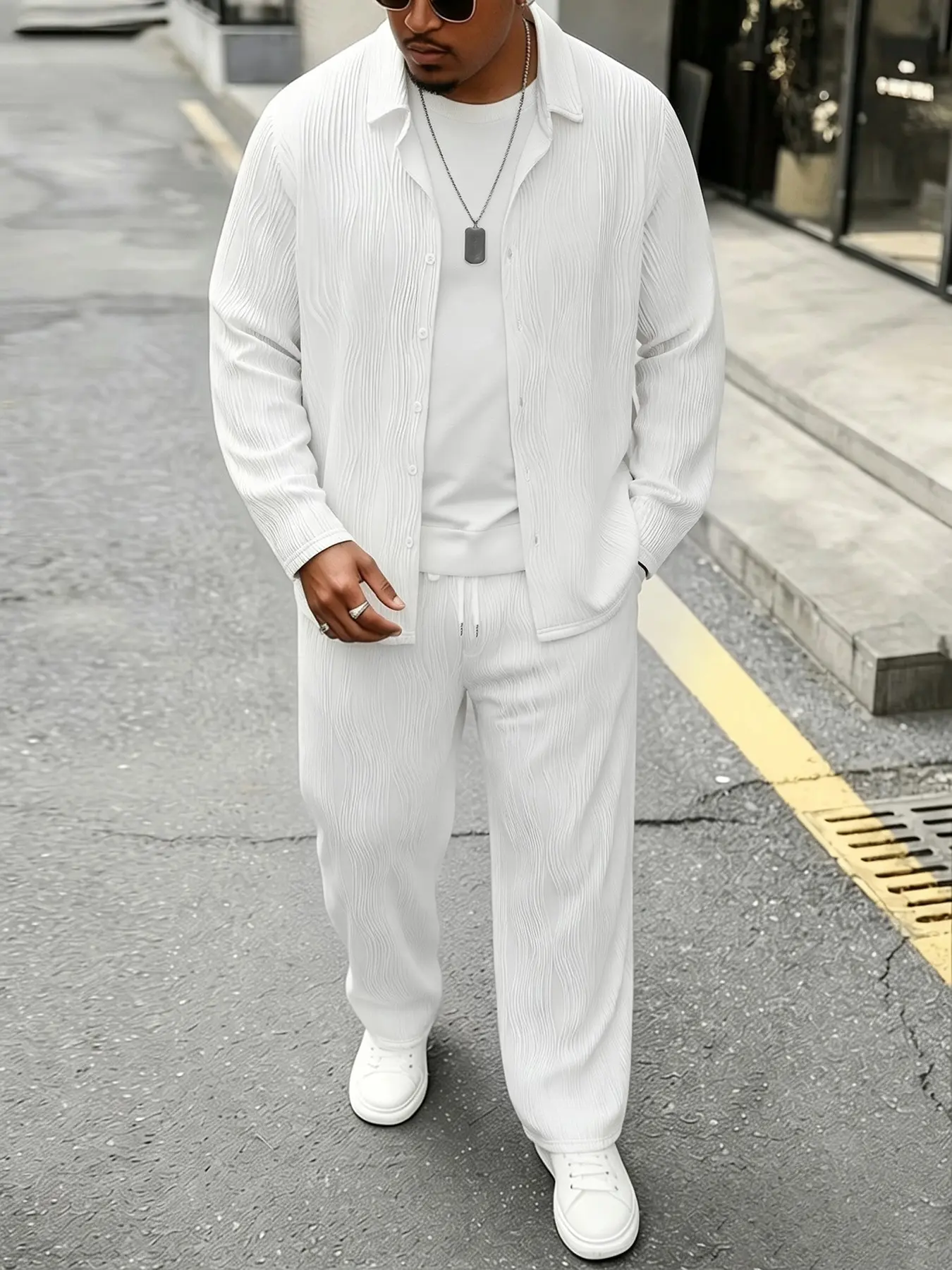 Men Plain White Curved Line Textured Two Piece Outfit, Notched Collar Long Sleeve Button Up Shirt & Elastic Waist Drawstring Straight Trousers, Soft Airy Non-Wrinkle Material, Wearable For Indoor Lounging, Office Daily Commute, Weekend Strolls And Casual