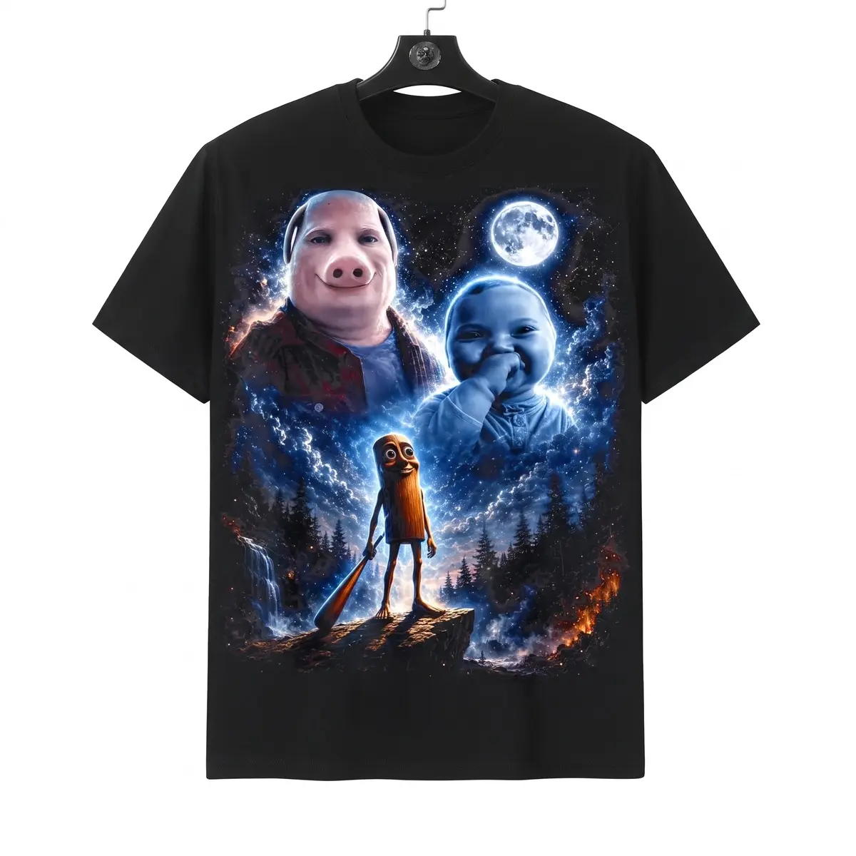 Funny Starry Sky Meme Print T-Shirt, John Pork Ice Baby Wooden Man Meme Print T-Shirt, Unisex Loose Square Silhouette Solid Color T-Shirt, Casual Short Sleeve