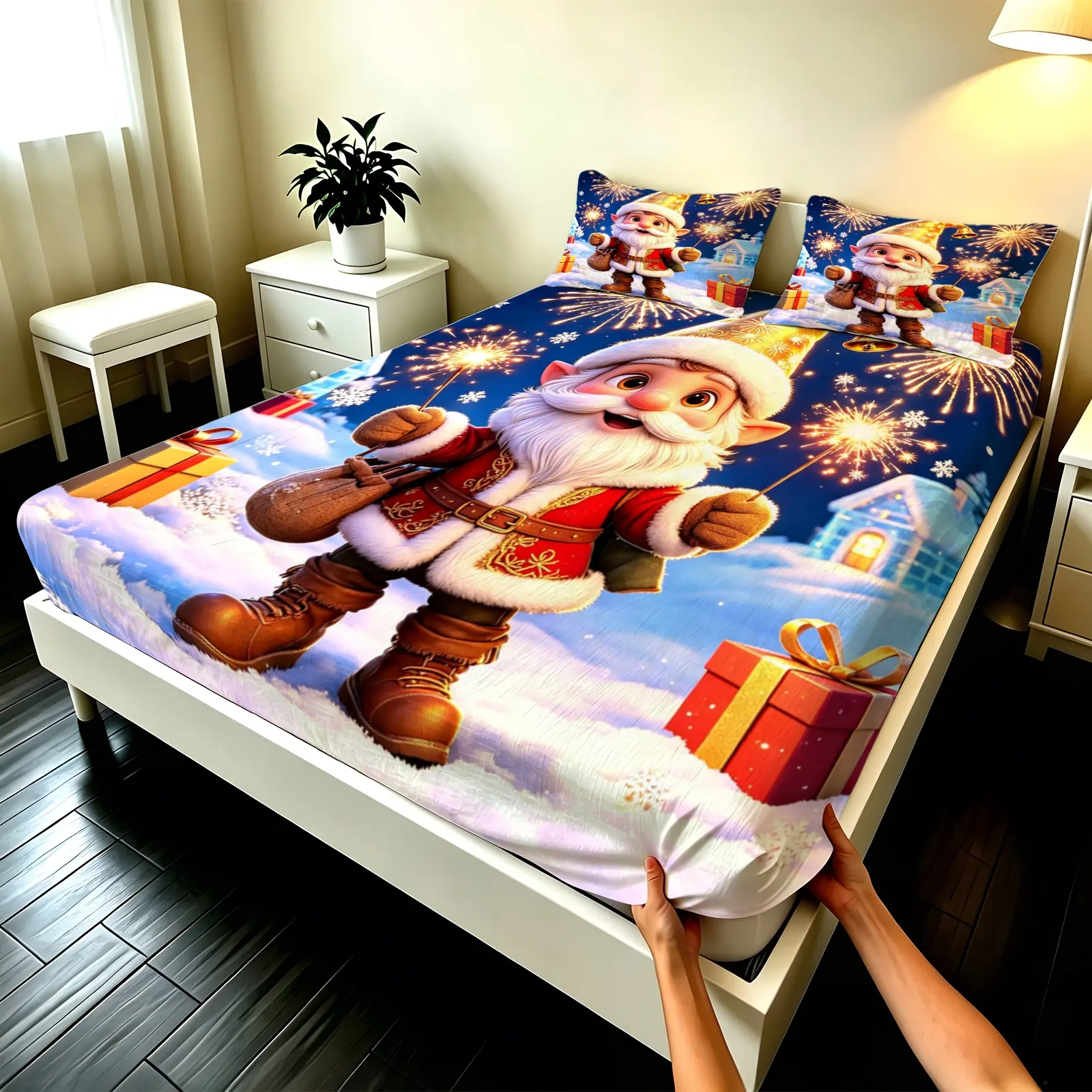 3pcs Fitted sheet Christmas Santa Claus Winter Holiday Printed Soft Microfiber Bedding Set, Wrinkle Resistant Fade Proof Breathable Comfortable Bed Cover Set for Bedroom Home, Fit Twin Full Queen King Size