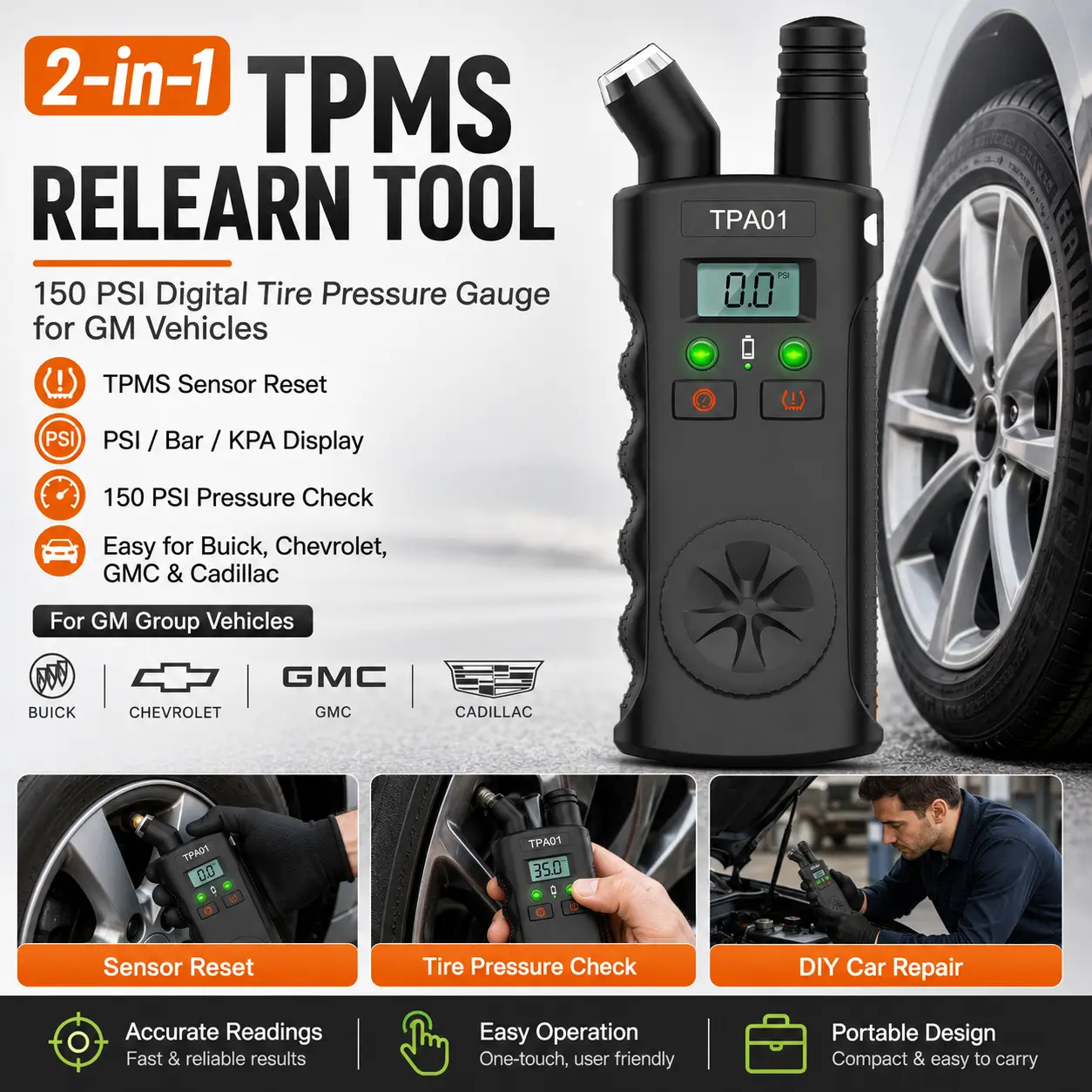 2-in-1 TPMS Relearn Tool & 150 PSI Digital Tire Pressure Gauge for GM Vehicles, Tire Sensor Activation and Reset Tool with PSI/Bar/KPA Display for Buick, Chevrolet, GMC and Cadillac