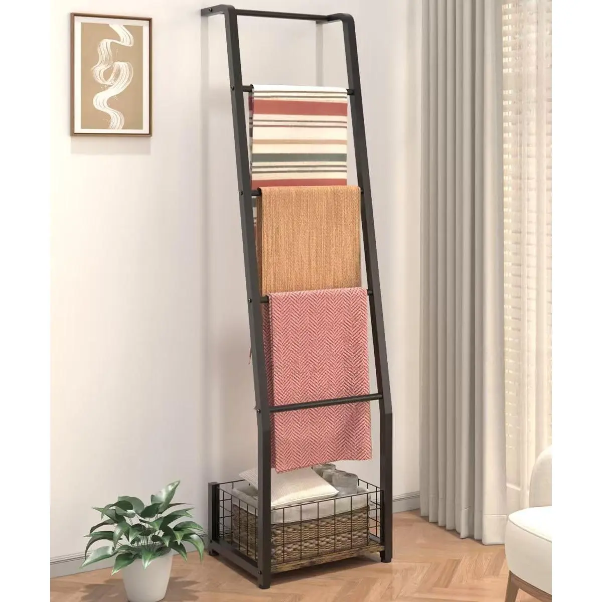 6.3ft Blanket Ladder with Storage Basket, 5 Tier Decorative Ladder Shelf Stand for Living Room & Bedroom, Wall-Leaning Blanket Holder Quilt Rack for  Décor, Rustic Brown & Black