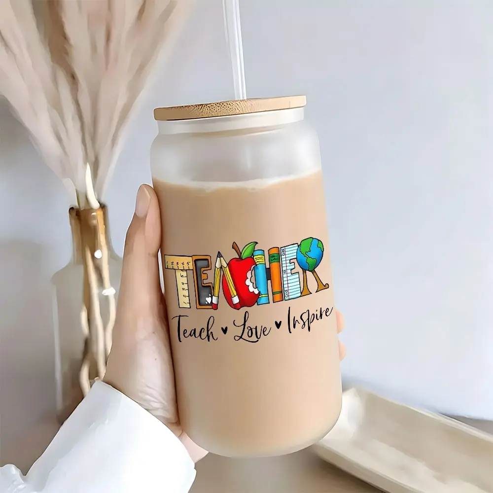 Teacher Teach Love Quote Iced Coffee Glass Cup, 16oz Glass Cups with Lids and Straws Gifts for Women,Teacher Day Gifts for Her,Glass Water Bottle,Drinkware Tumblers Unique
