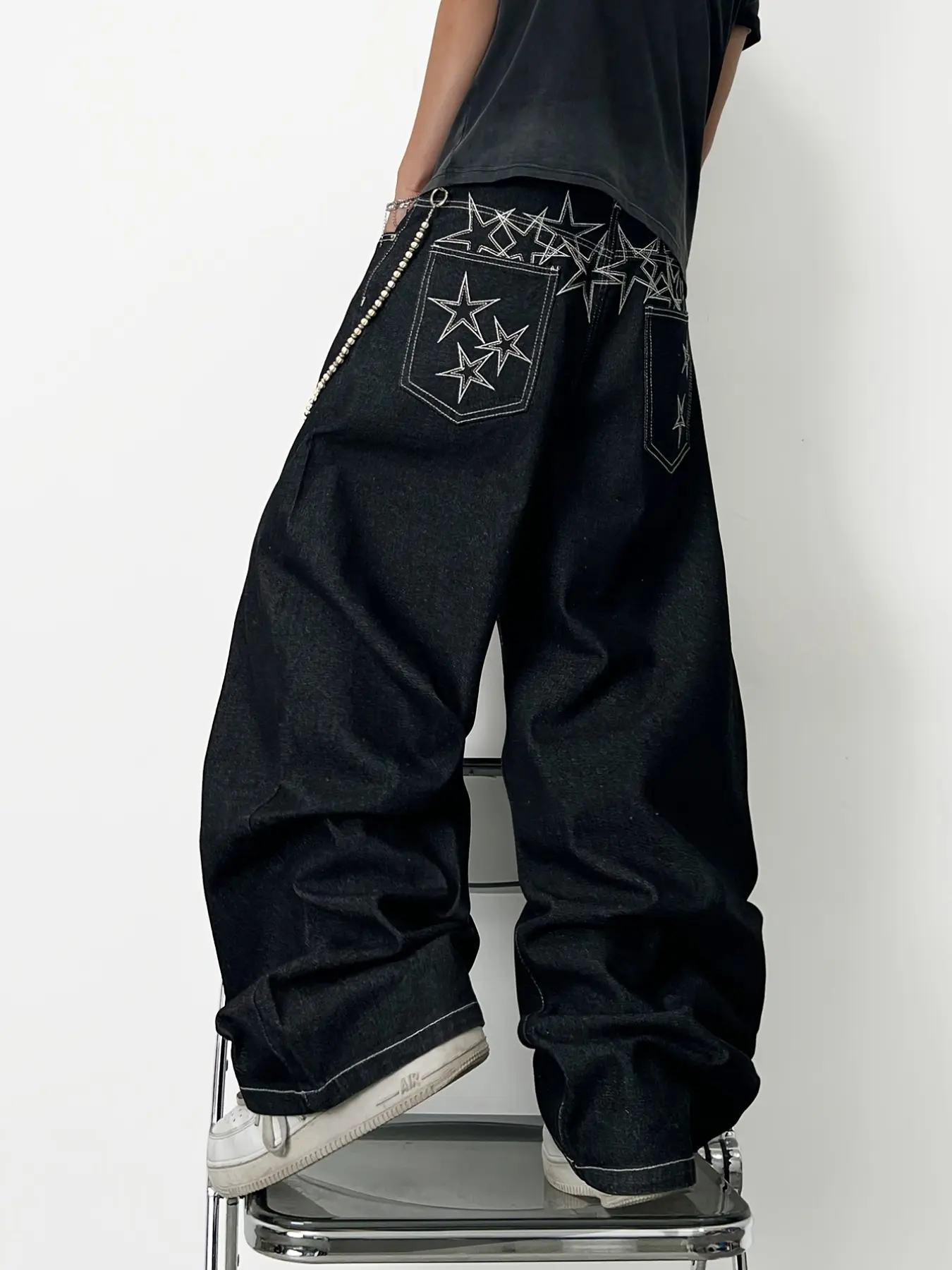 Men's Denim Jeans, Back Star Embroidery Straight Leg Wide Leg Jeans, Y2K Street Fashion Loose Long Pants, All Seasons, Casual Wear, Embroidered Casual Jeans, Casual Streetwear Jeans