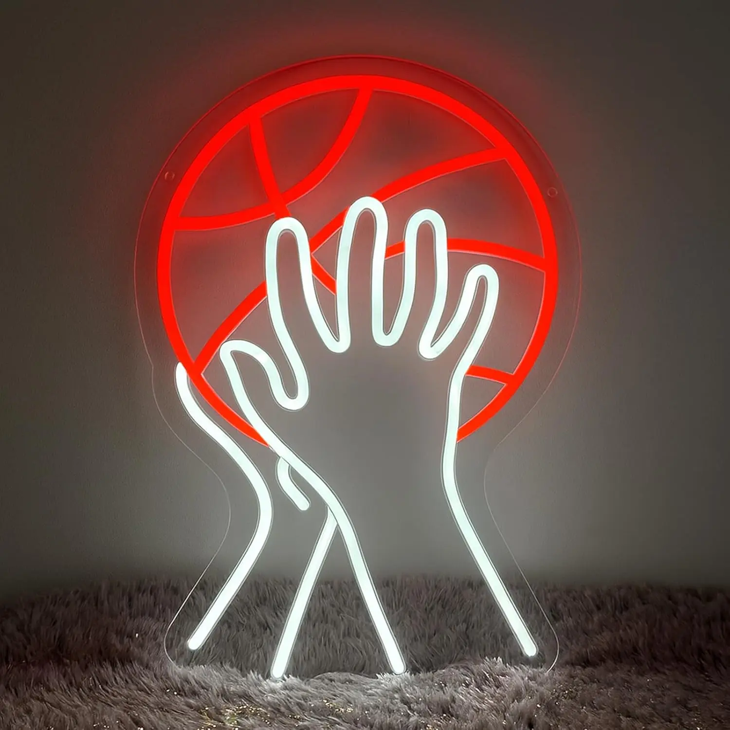 Basketball Neon Sign for Wall Decor, Gunner Neon Lights for Bedroom, Game Room, Man Cave, Sports Bar, Teen Room, Boys Room, Girls Room, LED Neon Sign, Hands Holding Basketball Neon Wall Light, Cool Basketball Room Decor, USB Powered LED Wall Sign, 14.6" x