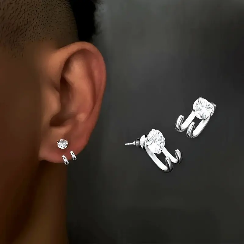 2Pcs Men'S Stud Earrings Fashion Personality Hip Hop Style Inlaid Cubic Zirconia Stud Earrings Daily Wear Birthday. Fashionable Jewelry