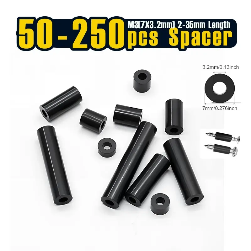100-500 Pcs, Black Nylon Washers, 3.2mm ID 7mm OD 2-35mm Length Round Plastic Spacer Washer Standoff Non-Threaded for M3 Screws
