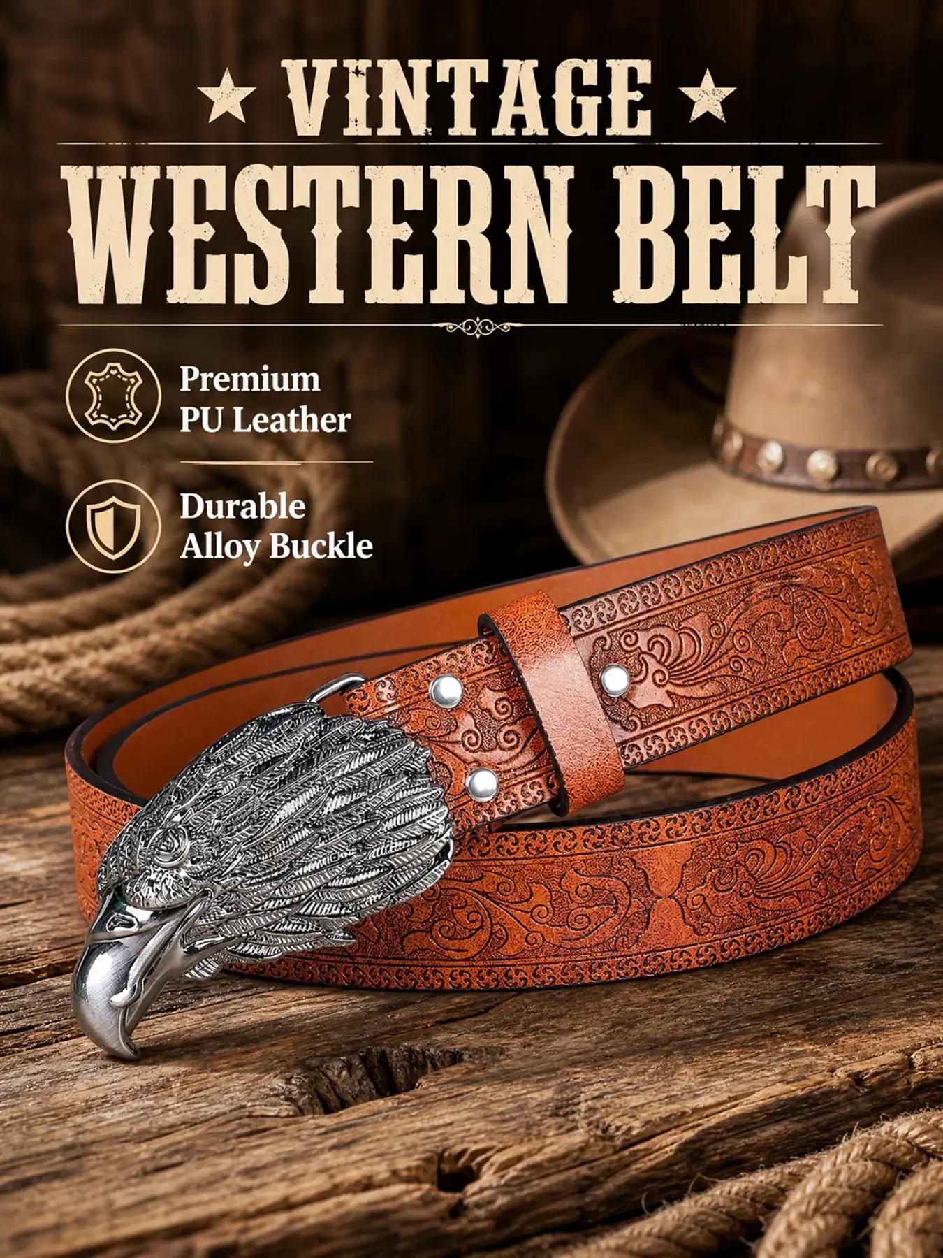 Vintage Western Belt for Men & Women – Cowboy Cowgirl Belt, Retro Eagle Head Buckle, Embossed Brown PU Leather, Durable Alloy, Boho Ethnic Style, Perfect for Jeans & Cowboy Boots