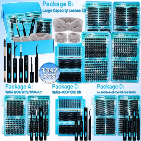 1342PCS/608PCS Lash Clusters, False Eyelashes, Volume Eyelash, Individual Eyelash Set, D Curl 11 Styles 10-18mm Wispy Lashes with Bond&Seal Lash Remover Lash Brush Lash Applicator, Beginner Friendly Eyelashes, For Beginners&Pros