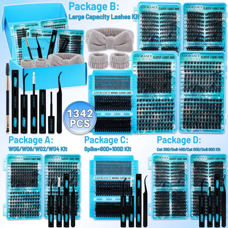 1342PCS/608PCS Lash Clusters, False Eyelashes, Volume Eyelash, Individual Eyelash Set, D Curl 11 Styles 10-18mm Wispy Lashes with Bond&Seal Lash Remover Lash Brush Lash Applicator, Beginner Friendly Eyelashes, For Beginners&Pros