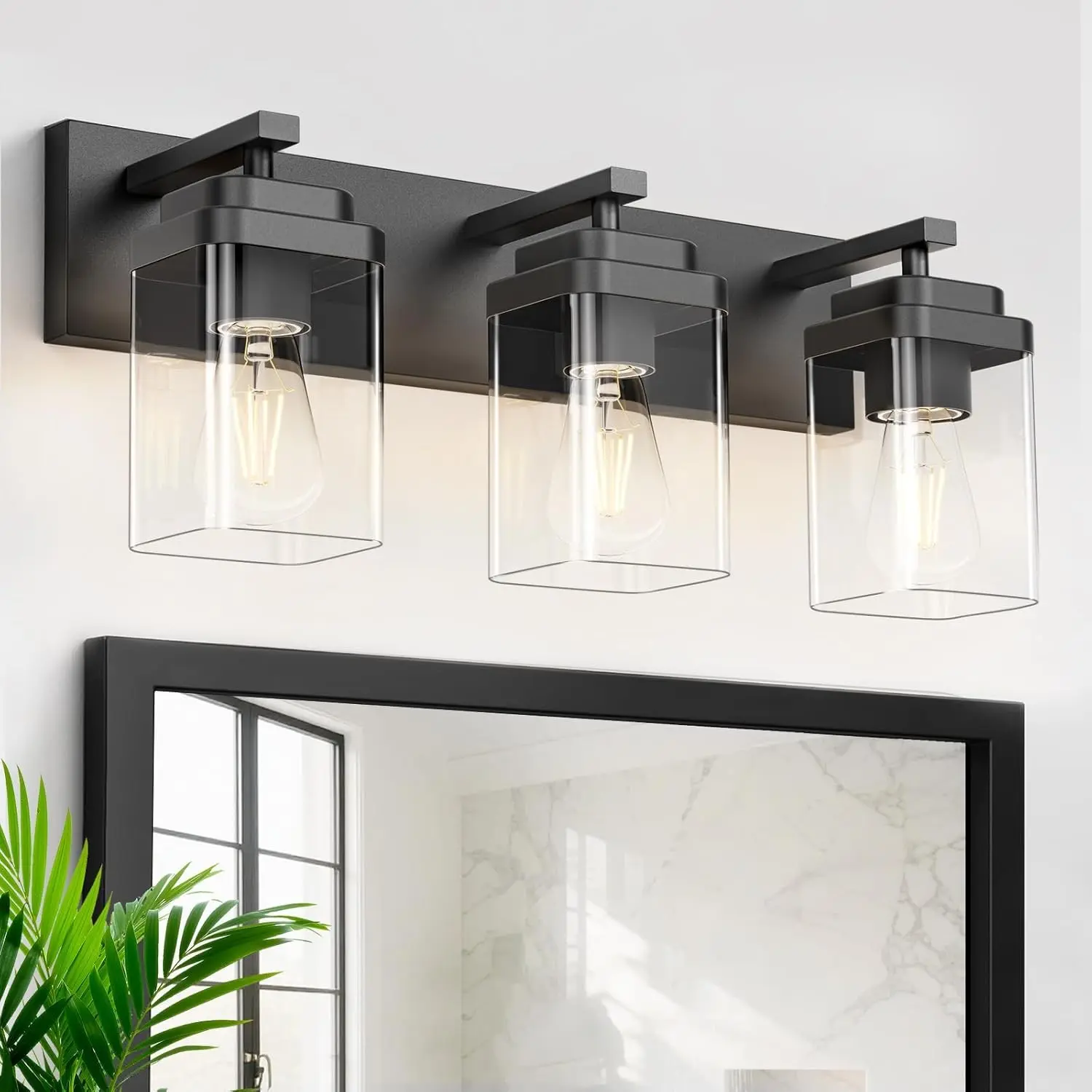 Black Wall Mount Bathroom Vanity Light Fixtures - 3 Multiple Lights, Square Shape, Large Rectangle Backplate, Modern Design for Bathroom Use