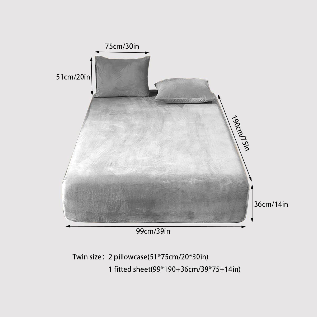 Solid Color Fitted Sheet and Pillowcase Set, 3 pcs/set Including 1 Plush Fitted Sheet and 2 Pillowcases without Filler, Soft Bedding Set