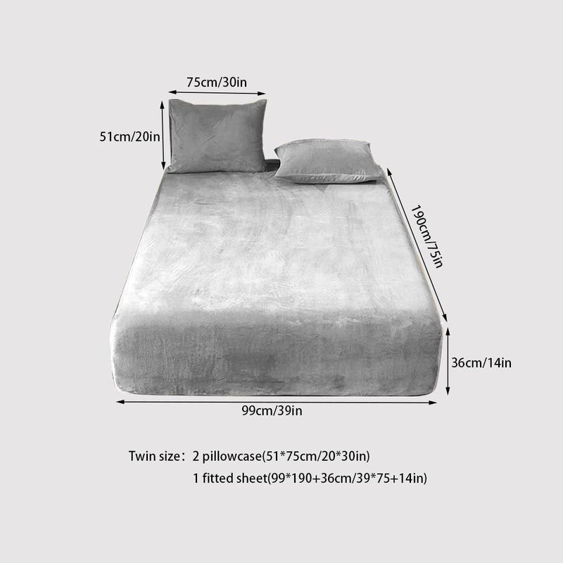 Solid Color Fitted Sheet and Pillowcase Set, 3 pcs/set Including 1 Plush Fitted Sheet and 2 Pillowcases without Filler, Soft Bedding Set
