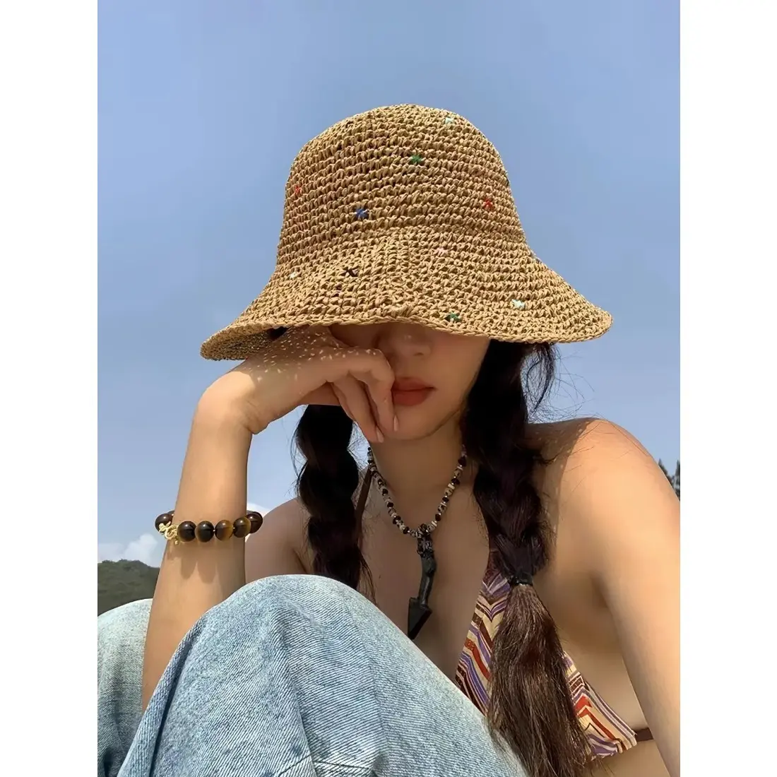 Vacation Hollow Straw Beach Hat, Colorful Rafia Wide Brim Fisherman Hat, Youth Seaside Outing Floral Hat, Adjustable Hat, Casual Hat, Women Fashion Accessory, Wide Brim Protection, Youthful Appeal