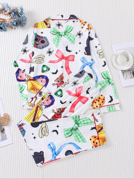 2 pieces of women's Halloween blue hair girl bow, black cat, mouse, bat, spider print, long sleeved pants, pajamas set, top pocket suitable for all seasons, comfortable, energetic, elegant and casual home wear