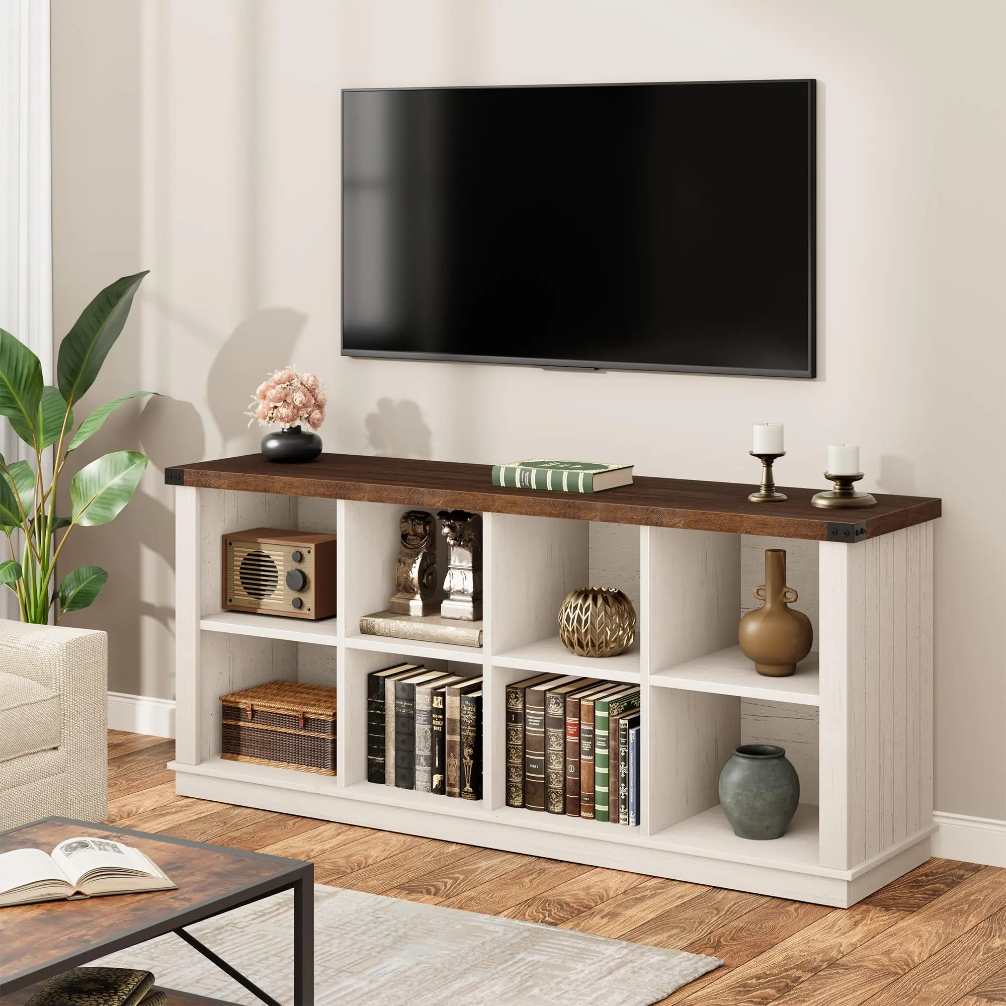 62" Industrial 8-Cube Storage Organizer with 3-Tier Metal Horizontal Bookcase – Long Low Console Shelf for Entryway and Living Room