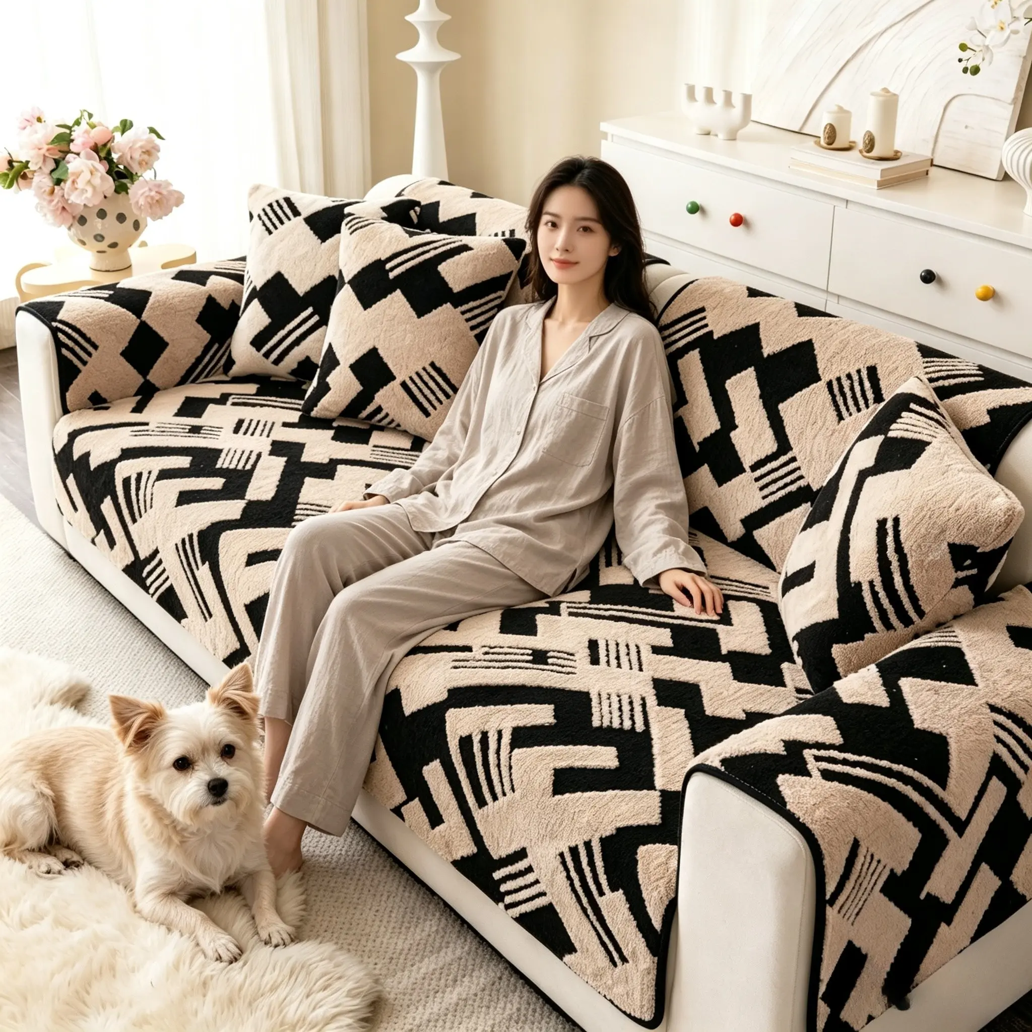 1pc Vintage Geometric Plush Sofa Cushion, All Season Non-Slip Silicone Base, Pet Friendly, Fits 1/2/3/4 Seater Sofas