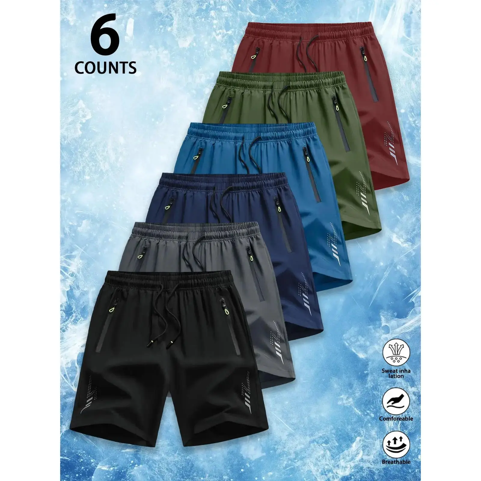6 Counts Men's Premium Ice Silk Quick Dry Athletic Shorts, Luxury Performance Cooling Drawstring Elastic cure Zipper Pockets & Reflective Detail, Designer Loose Fit Breathable Lightweight Workout Shorts for Gym,Quick-Dry Elastic Athletic Shorts Set,father