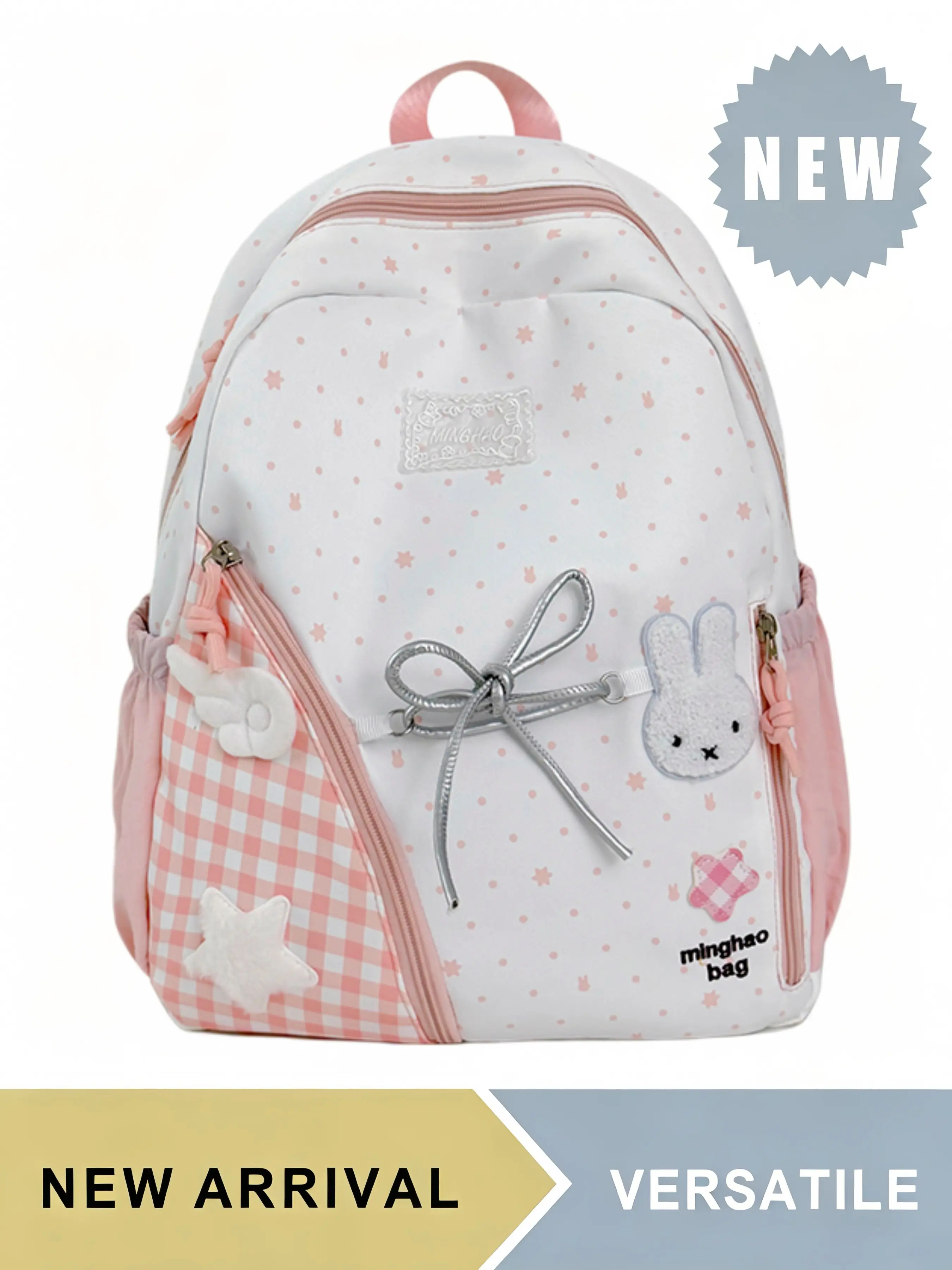 Cute Bunny Plaid Polka Dot Backpack for Teen Girls, Kawaii Bow Decor Daypack with Side Pockets & Adjustable Straps, Large Capacity Lightweight School Bookbag, Multiple Colors Available, Ideal for Daily School Travel Hiking Picnic Outdoor Activities