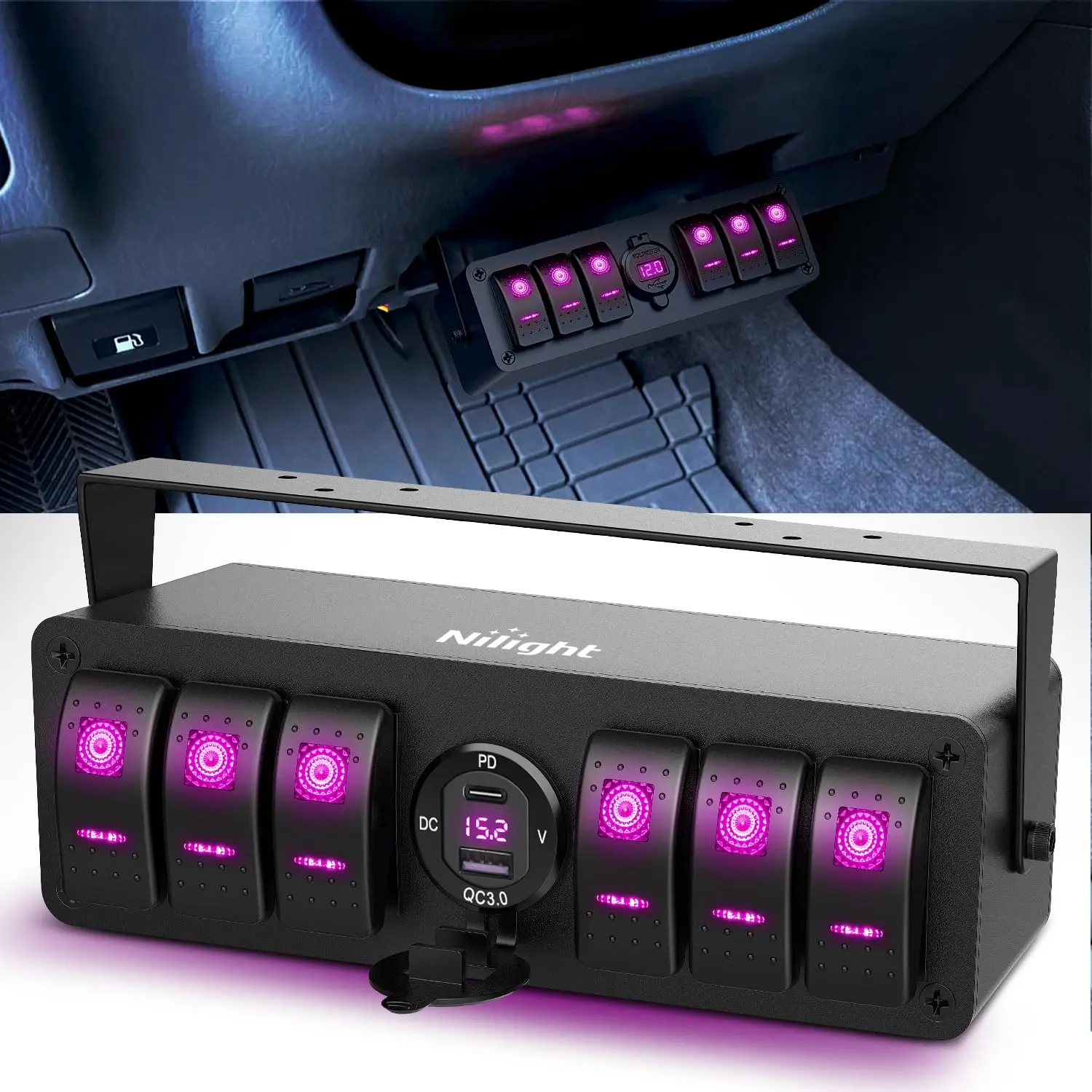 Nilight 6-Gang Pre-Wired 12V/24V Control Device Switch Box - SPST ON-Off Toggle Switches, PD Type-C & QC 3.0 USB Socket, Voltmeter, Purple LED Glow-in-the-Dark, ABS+PC Water-Resistant Aluminum Mount Bracket Panel with DIY Stickers for Cars, Boats, Yachts