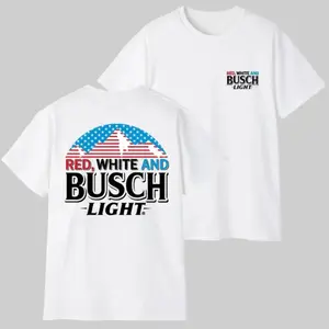 Busch Light USA Flag Mountain Beer Acid Wash Graphic T-Shirt, Retro Red White Blue Oversized Cotton Crew Neck Tee, Patriotic Streetwear Top Matching Baseball Caps & Leather Bracelets, BBQ, Camping, Summer Pool Party Daily Casual Wear