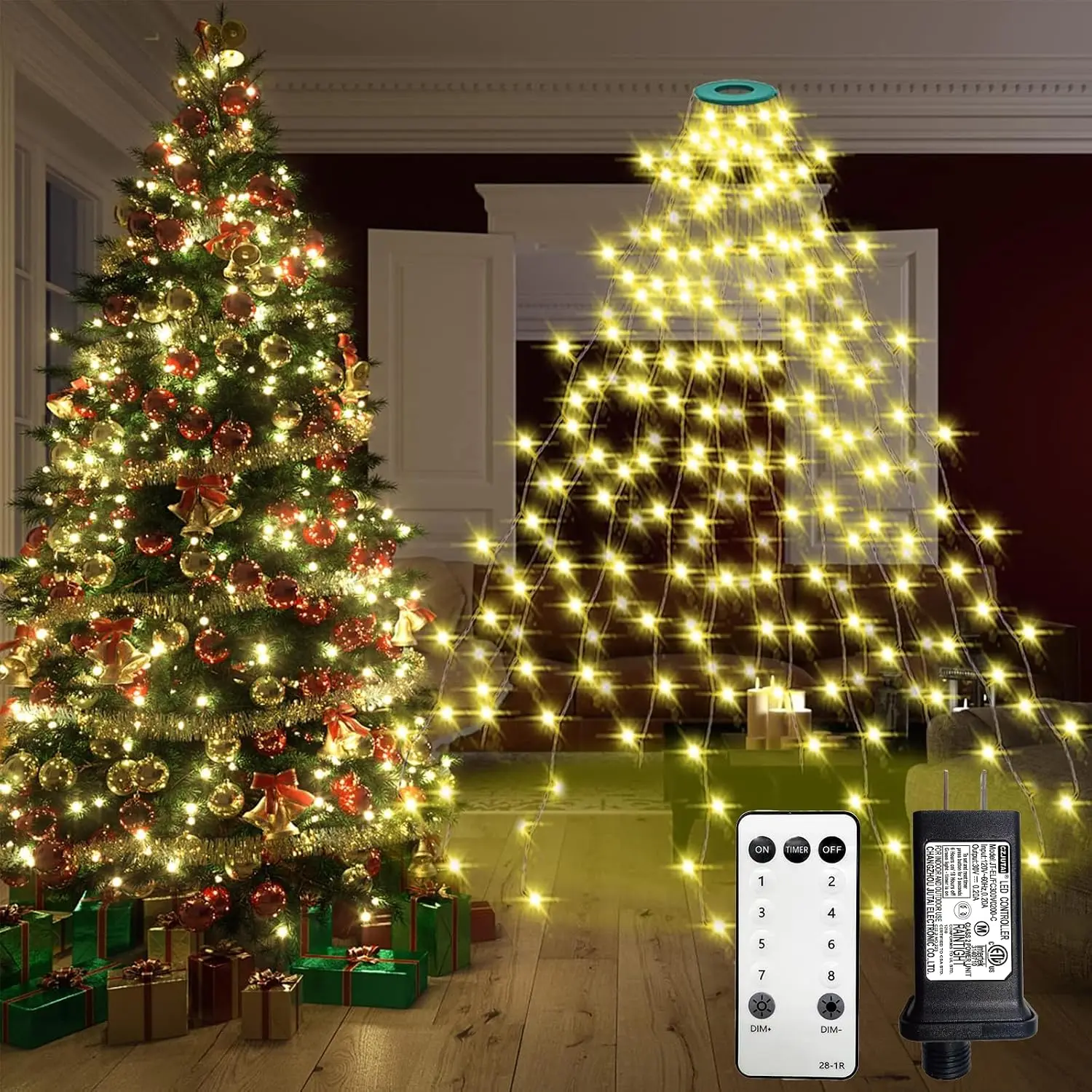 Christmas Tree Lights with Ring,8.2Ft 16 Line 448 LED Green Wire Fairy Waterfall String Light Plug in,Dimmable Cascading Lights with 8 Lighting Modes for Indoor Outdoor Xmas Tree(Warm White)