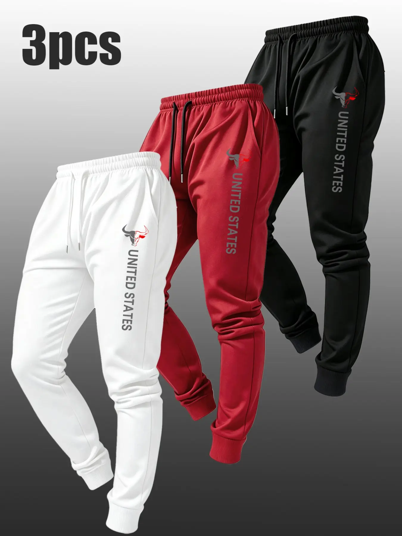 3 Pack Men Elastic Drawstring Cuffed Jogger Pants Bull Head United States Vertical Letter Side Graphic Print Loose Fit American Casual Streetwear Sweatpants For Daily Gym Holiday All Season Leisure Outfit#BullHeadUSAJogger3Pack #trendingpants