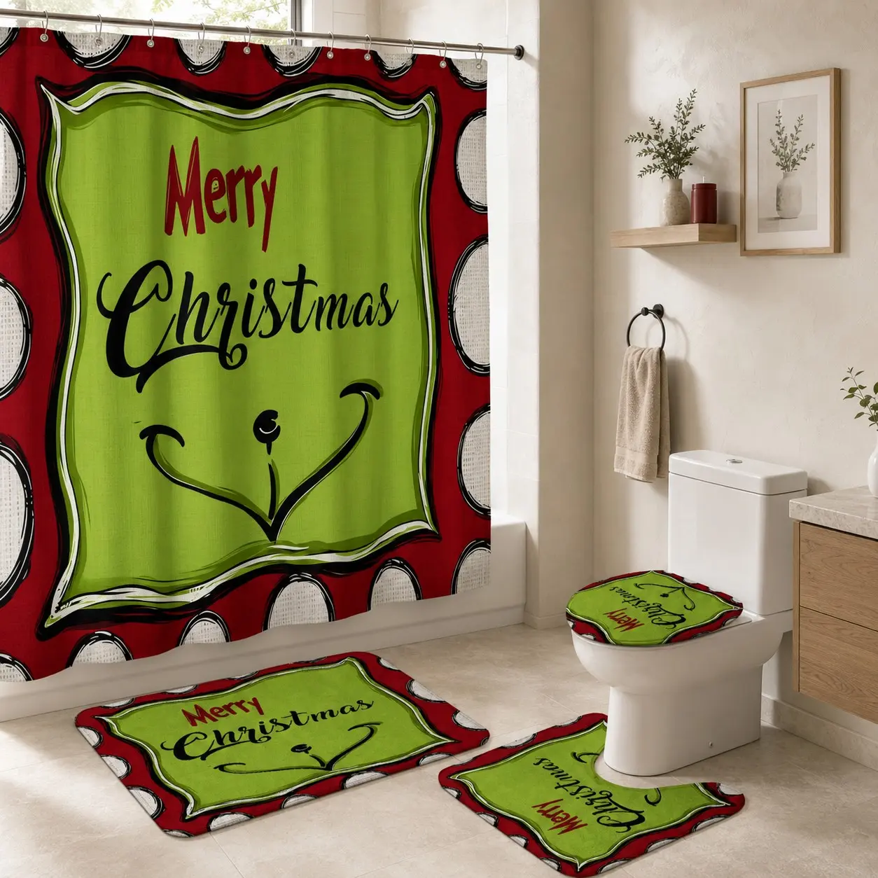 4pcs Merry Christmas Bath Curtain Set, Holiday Calligraphy Heart Wreath, Watercolor Style Print, Bathroom Rug Toilet Cover Mat