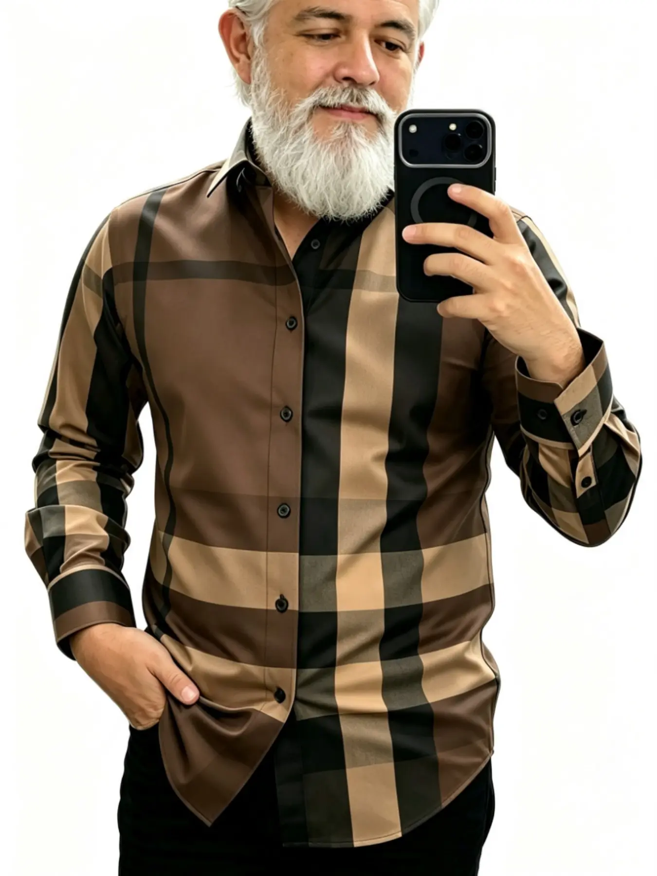 Men's Striped Checked Casual Long Sleeve Shirt, Fitted Spring & Fall Top, Unlined Fashionable Leisurewear, Ideal for Daily Wear