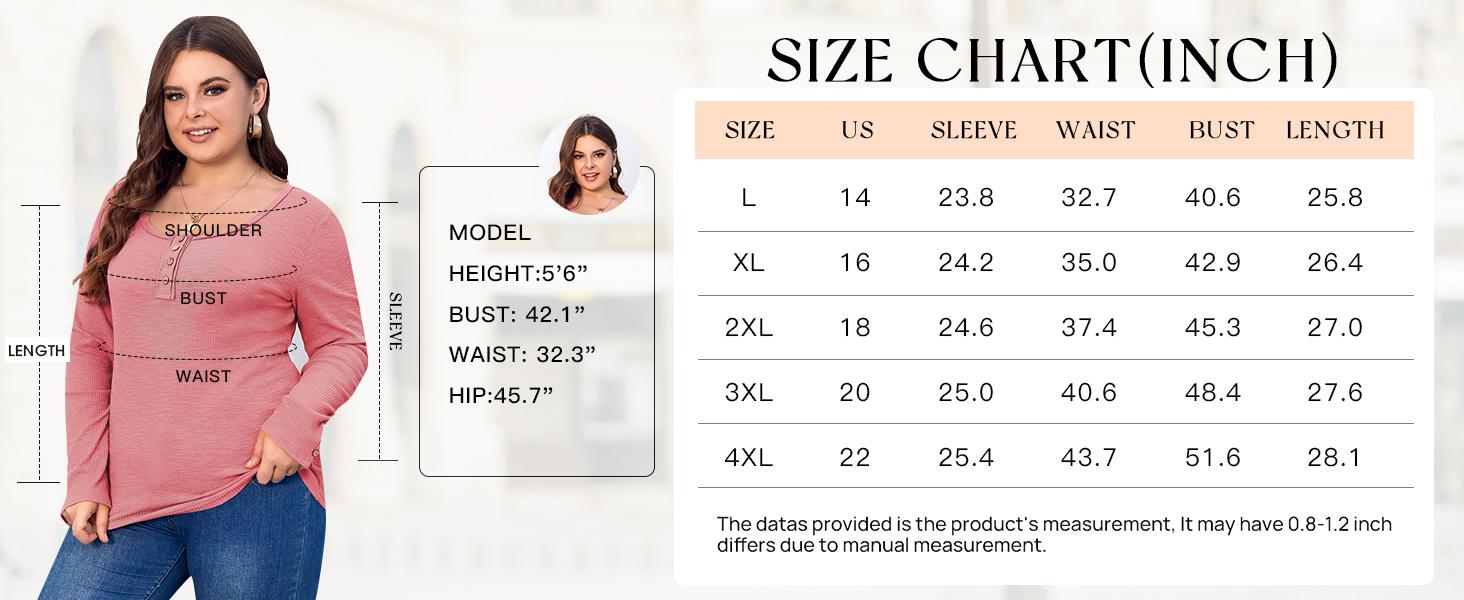 Women’s Plus Size Henley T Shirts Long Sleeve Button Down Tunic Blouse Loose Fit Tops Scoop Neck Ribbed Knit Shirts BBW Big Beautiful  Woman Over Size